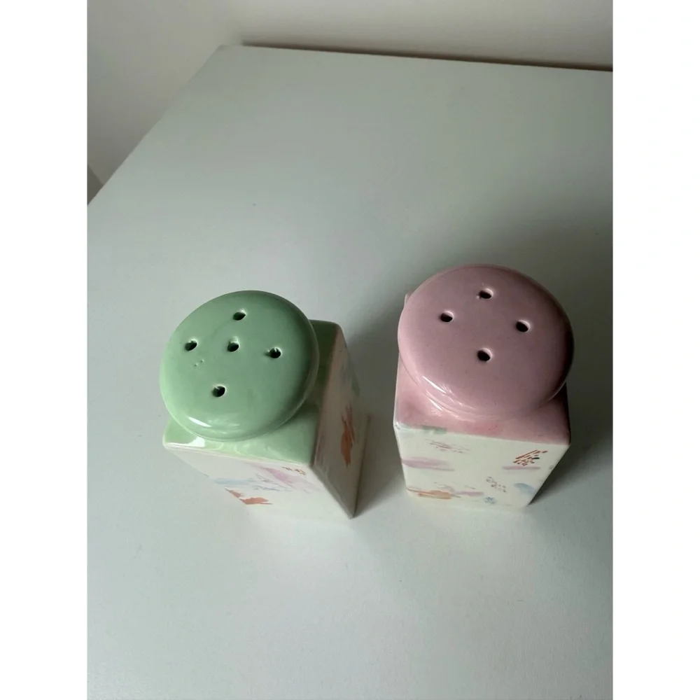 Vintage Pastel Abstract Art Salt & Pepper Shakers Japan Pink Green White Ceramic